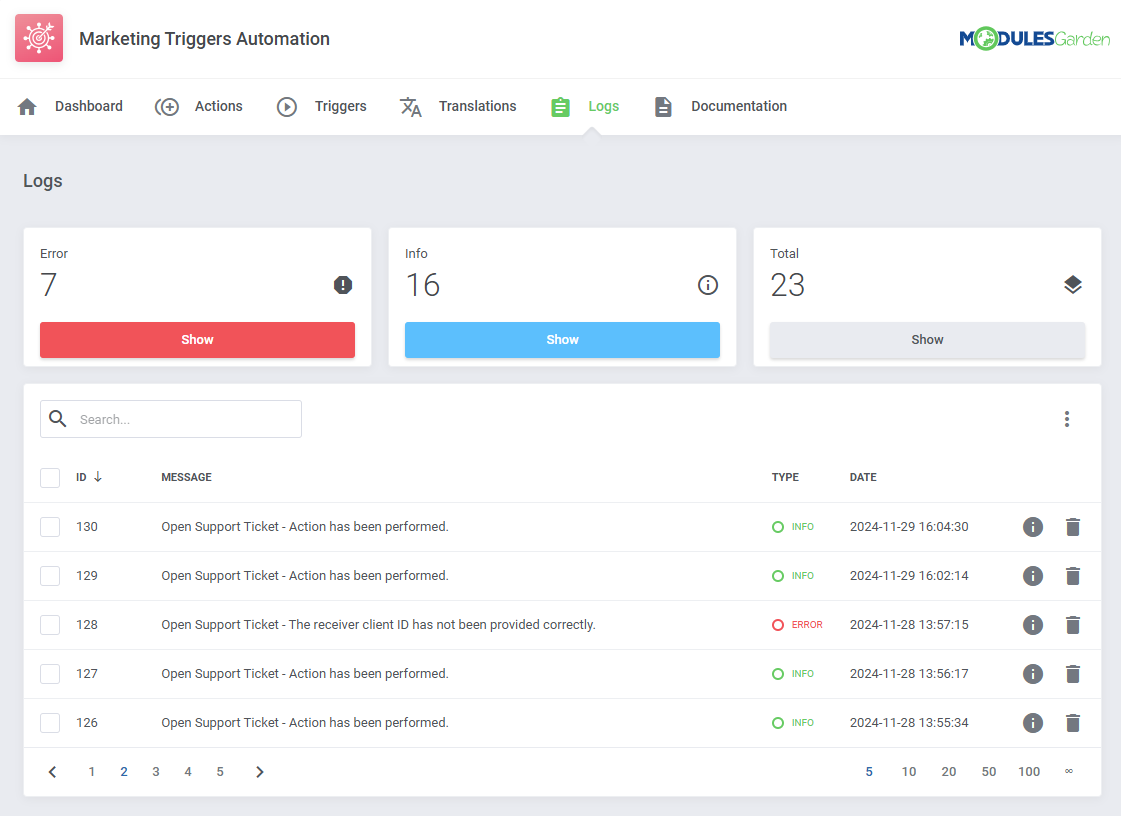 Marketing Triggers Automation For WHMCS: Logs page with error and info counters and a table of log entries