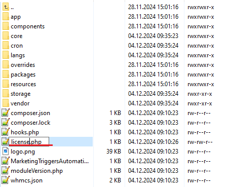 Marketing Triggers Automation For WHMCS: file manager with licenseRENAME.php being renamed to license.php