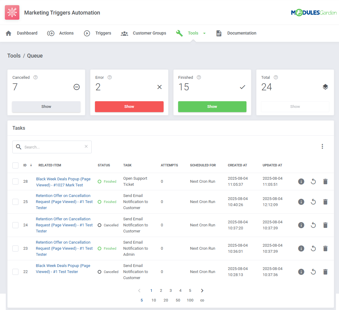 Marketing Triggers Automation For WHMCS: Tools Queue page with task status counters and a table of queued tasks