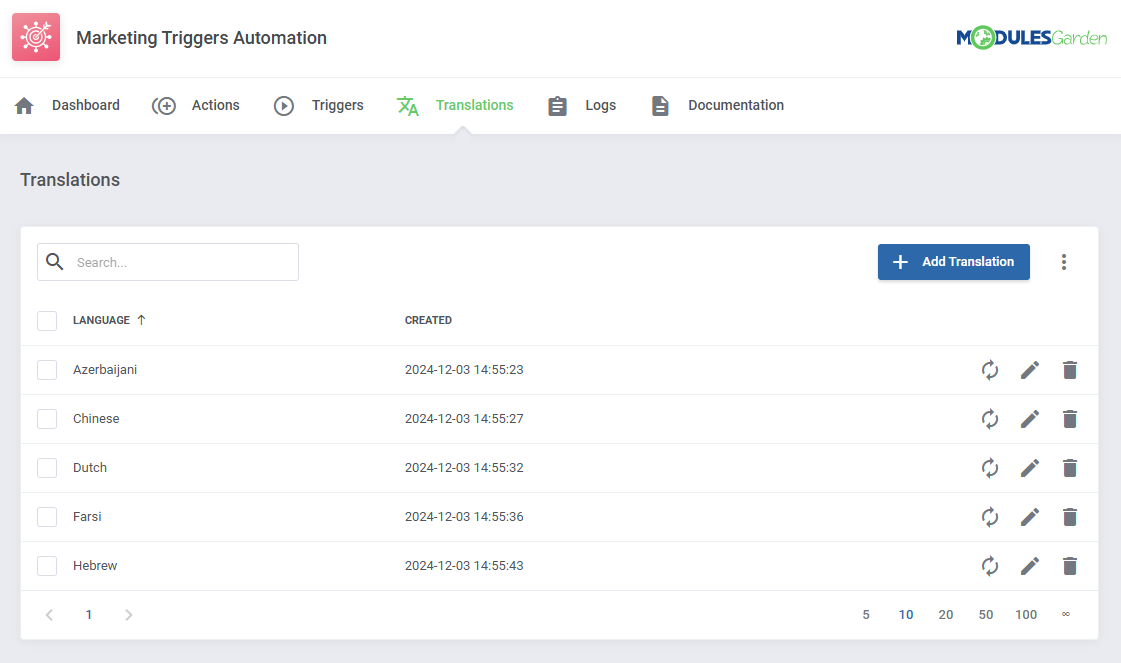 Marketing Triggers Automation For WHMCS: Translations page with the list of languages and the Add Translation button