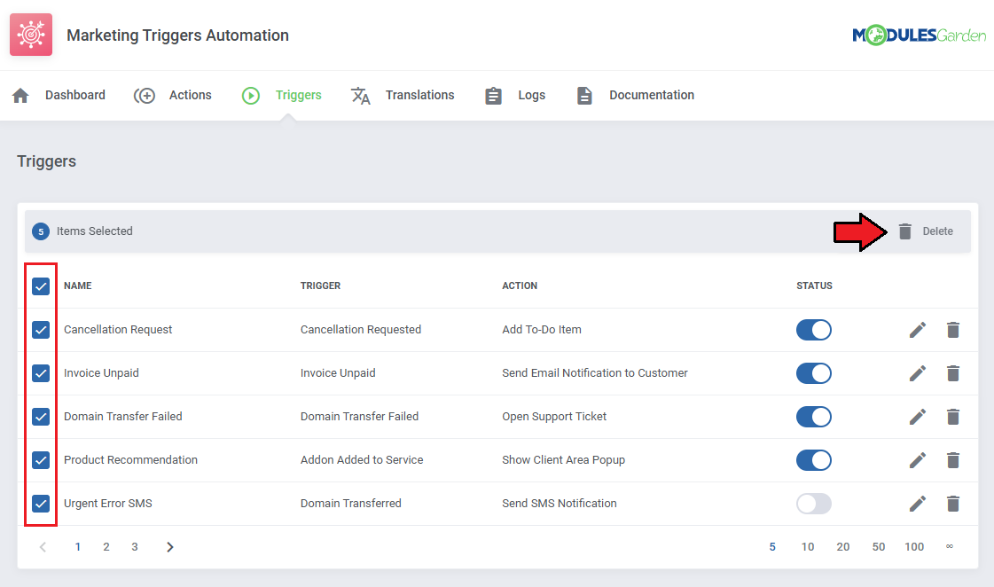 Marketing Triggers Automation For WHMCS: Triggers page with all triggers selected and the mass Delete button marked