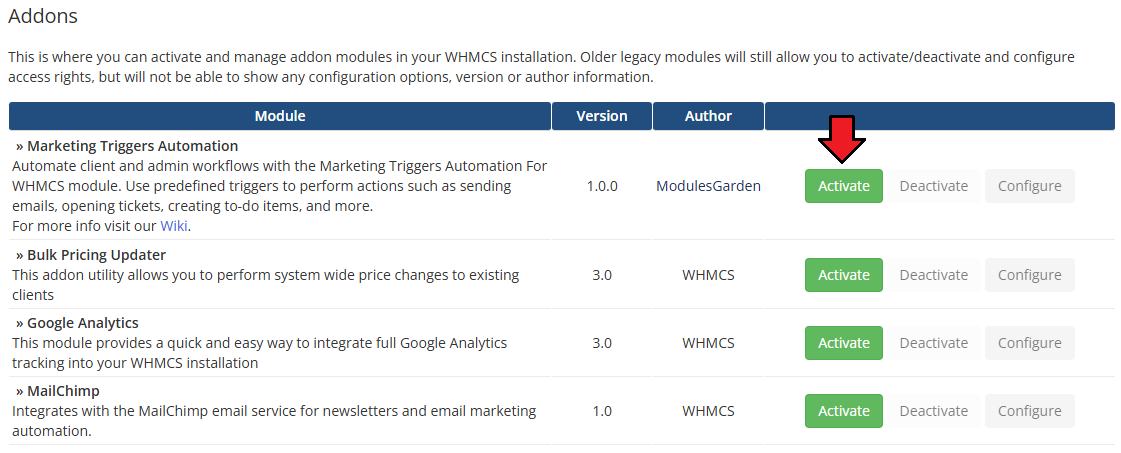 Marketing Triggers Automation For WHMCS: WHMCS Addon Modules list with the Activate button next to the module