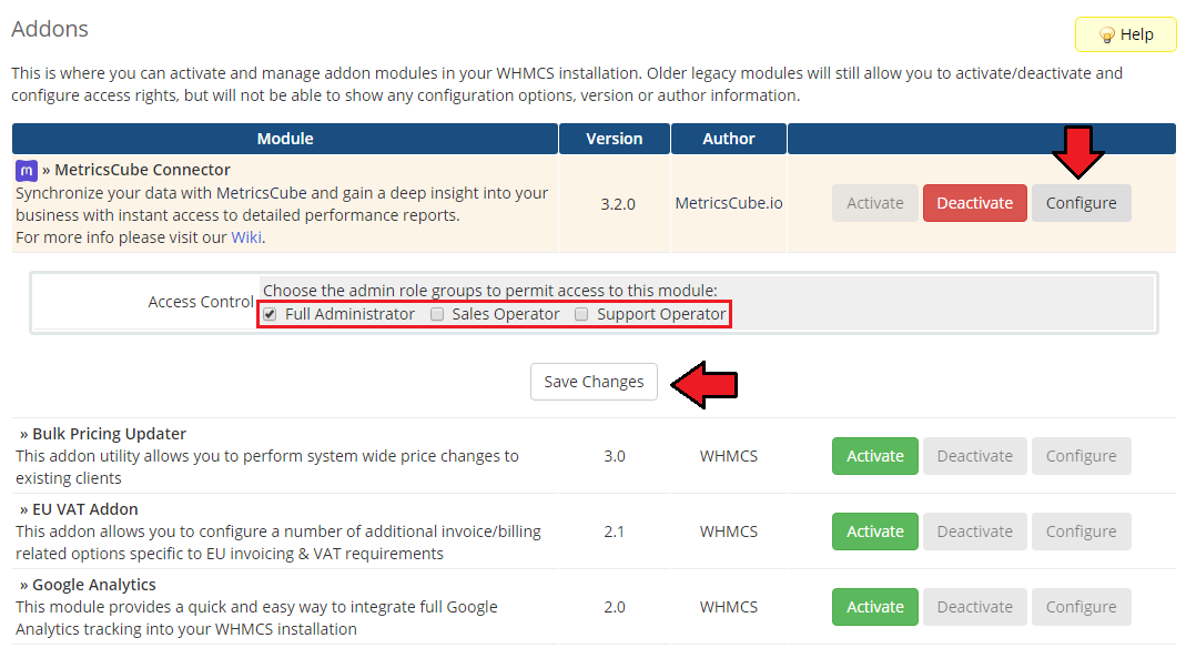 MetricsCube Connector For WHMCS: Addon Modules list with Configure, admin role access checkboxes and Save Changes