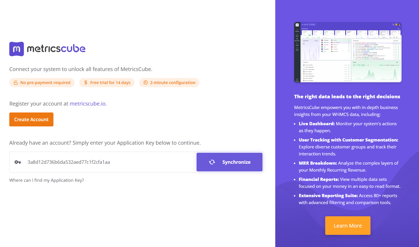 MetricsCube Connector For WHMCS: addon page in WHMCS with the Application Key field and the Synchronize button