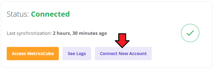 MetricsCube Connector For WHMCS: Status panel with the Connect New Account button highlighted