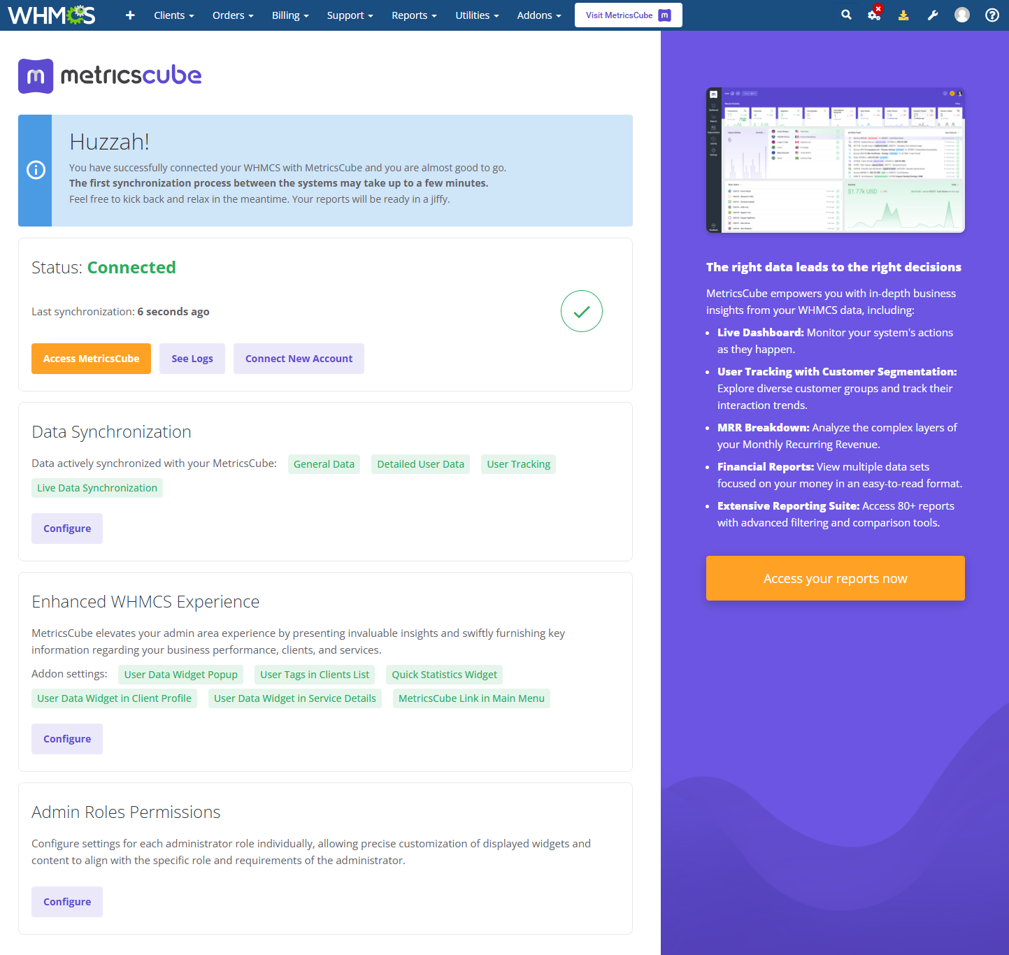 MetricsCube Connector For WHMCS: addon dashboard in WHMCS with Connected status and the synchronization message