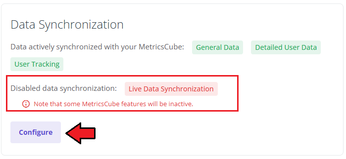 MetricsCube Connector For WHMCS: Data Synchronization panel with Live Data Synchronization disabled and the Configure