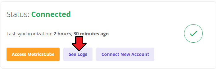 MetricsCube Connector For WHMCS: Status panel with the See Logs button highlighted