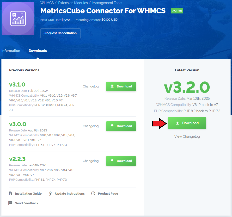 MetricsCube Connector For WHMCS: downloads tab in the client area with the Download button for the latest version
