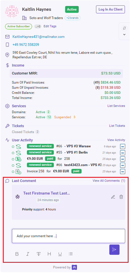 MetricsCube Connector For WHMCS: client popup with the comments section and the Write comment field highlighted