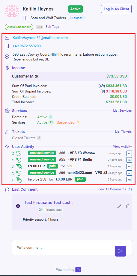 MetricsCube Connector For WHMCS: client profile popup with income, services, tickets and activity highlighted