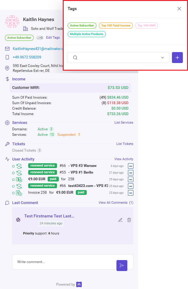 MetricsCube Connector For WHMCS: client popup with the Tags window listing tags and a search field to add a new one