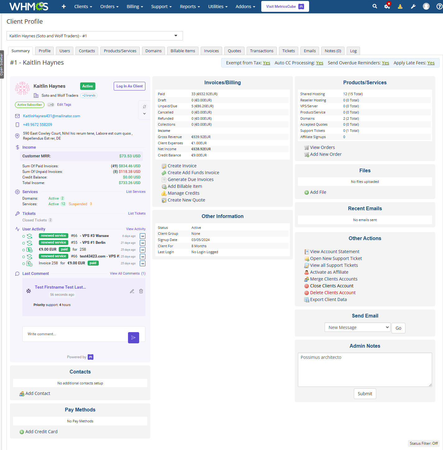 MetricsCube Connector For WHMCS: WHMCS client profile summary with the MetricsCube user data widget