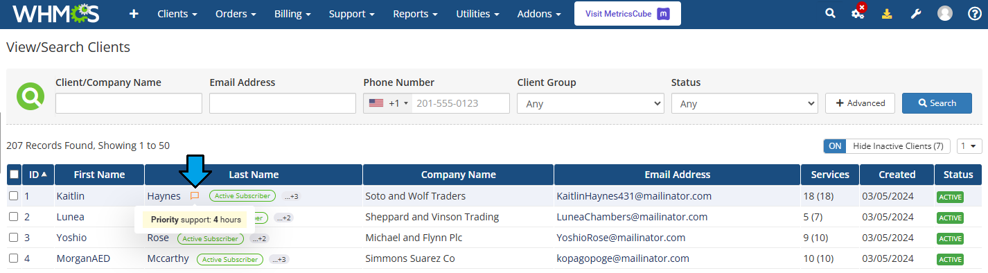 MetricsCube Connector For WHMCS: WHMCS clients list with a comment tooltip shown after hovering the comment icon