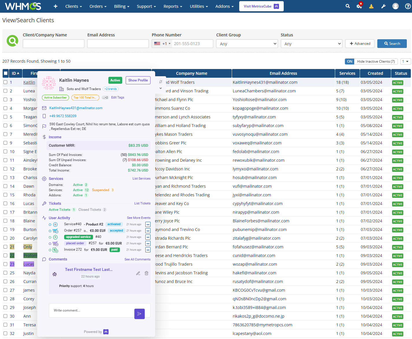 MetricsCube Connector For WHMCS: WHMCS clients list with a MetricsCube user data popup open for a client