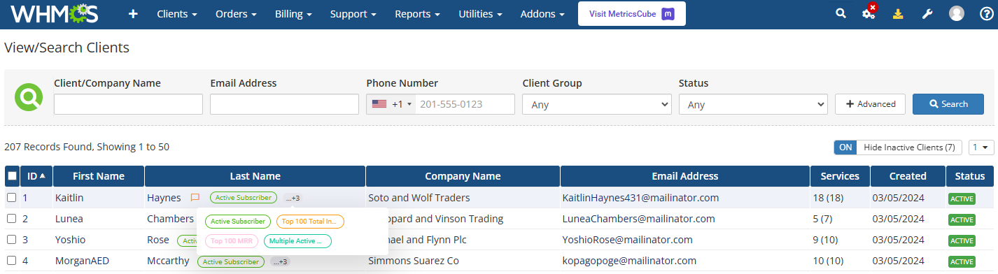 MetricsCube Connector For WHMCS: WHMCS clients list showing client tags and a tag details popup