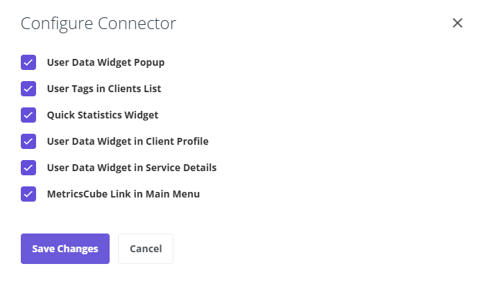 MetricsCube Connector For WHMCS: Configure Connector window with checkboxes for each enhanced WHMCS feature