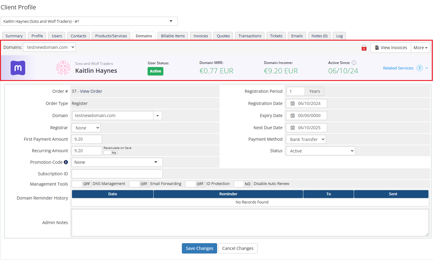 MetricsCube Connector For WHMCS: WHMCS domain details page with the MetricsCube widget showing domain MRR and income