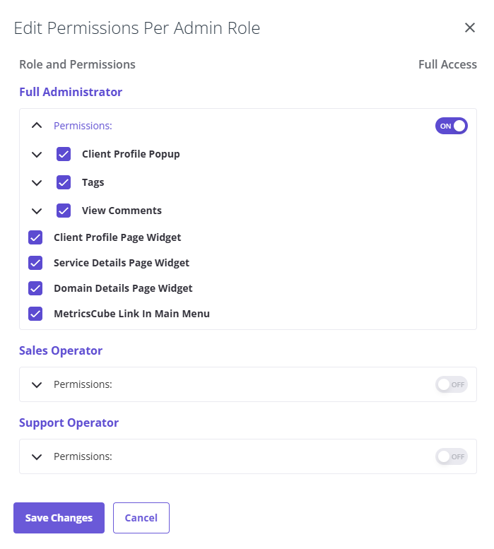 MetricsCube Connector For WHMCS: Edit Permissions Per Admin Role window with Full Administrator permissions and On/Off