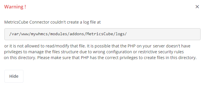 MetricsCube Connector For WHMCS: warning window saying the connector could not create a log file in the logs directory