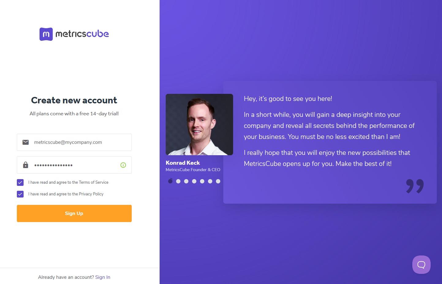 MetricsCube Connector For WHMCS: MetricsCube Create new account form with email, password and agreement checkboxes