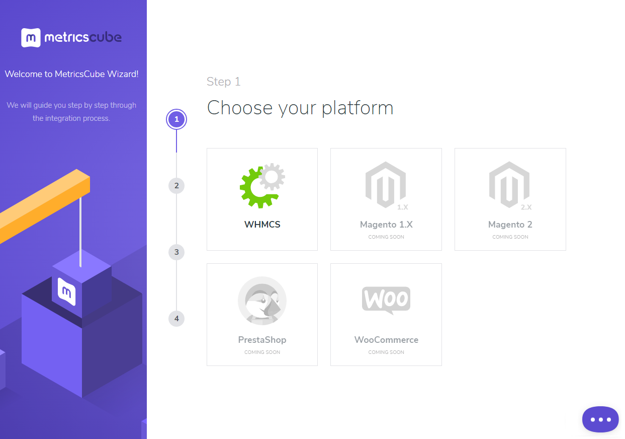 MetricsCube Connector For WHMCS: MetricsCube Wizard step 1, choose your platform, with WHMCS available