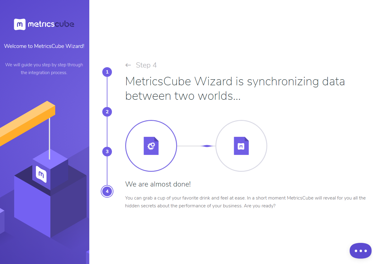 MetricsCube Connector For WHMCS: MetricsCube Wizard step 4 showing data synchronization in progress