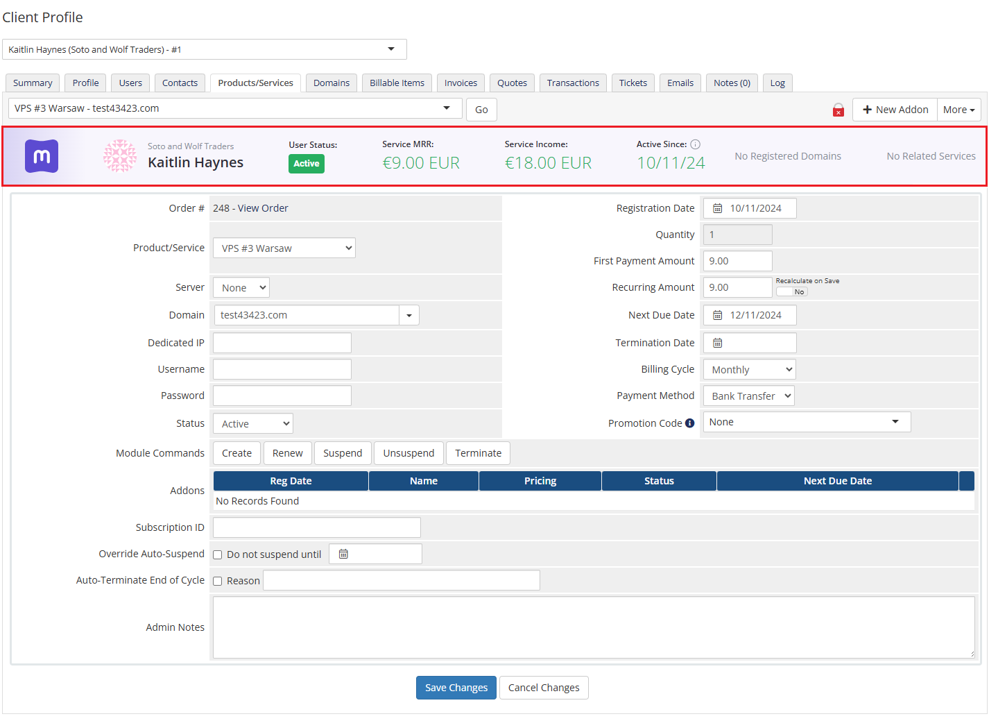 MetricsCube Connector For WHMCS: WHMCS service details page with the MetricsCube widget showing service MRR and income