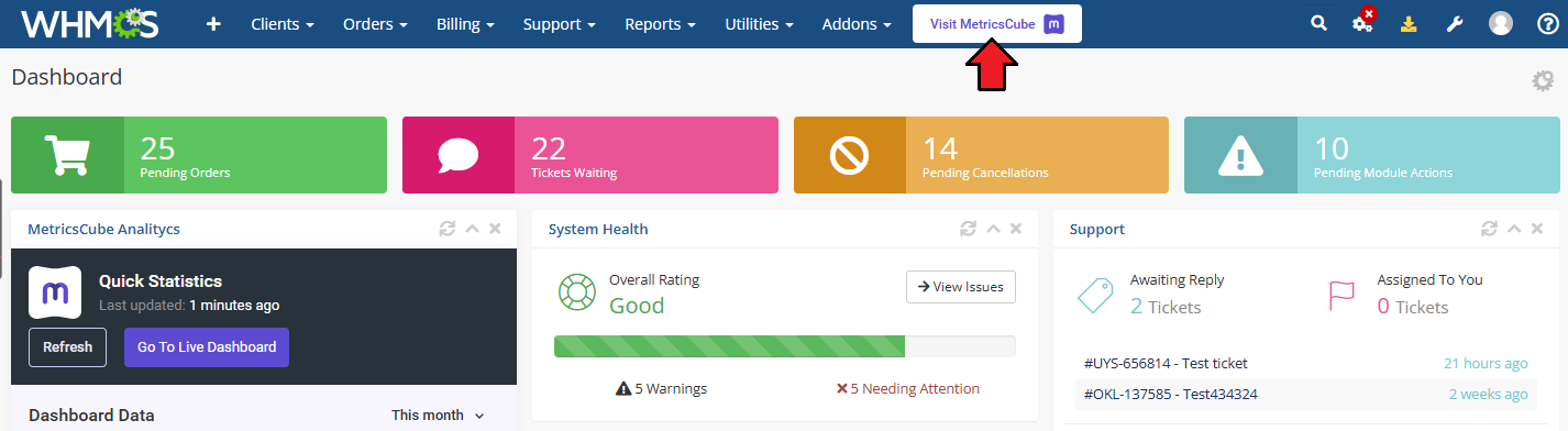 MetricsCube Connector For WHMCS: WHMCS dashboard with the Visit MetricsCube link in the main menu highlighted