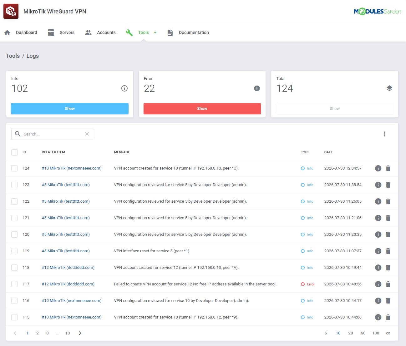 MikroTik WireGuard VPN For WHMCS: addon Tools Logs page with Info and Error counters and the log table