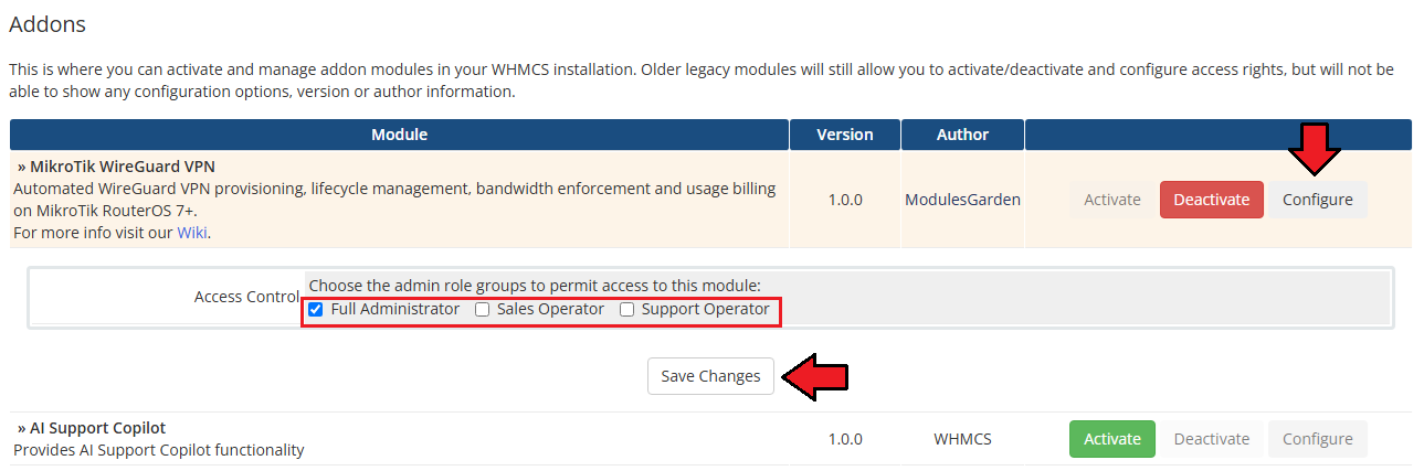 MikroTik WireGuard VPN For WHMCS: WHMCS Addon Modules list with Configure, access control roles and Save Changes