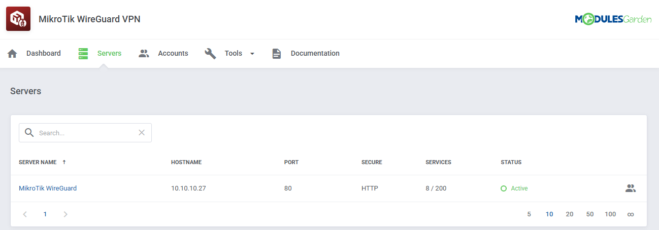 MikroTik WireGuard VPN For WHMCS: addon Servers page listing the MikroTik server with hostname, port and status