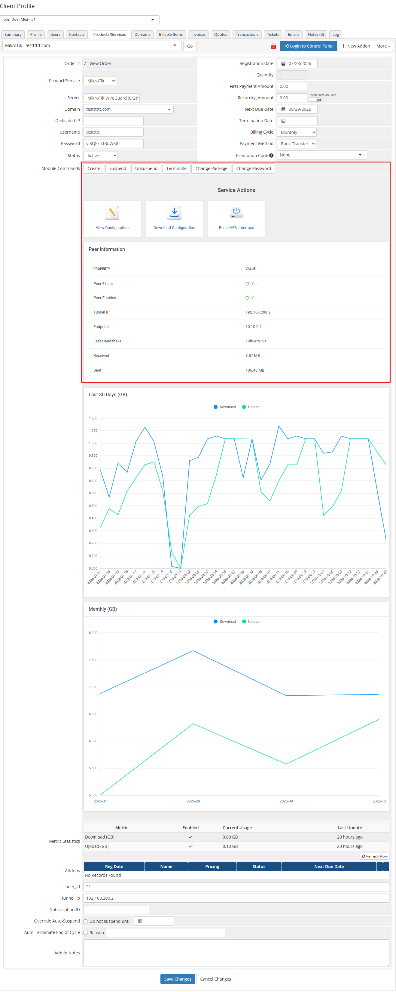 MikroTik WireGuard VPN For WHMCS: WHMCS admin service page with service actions and peer information highlighted