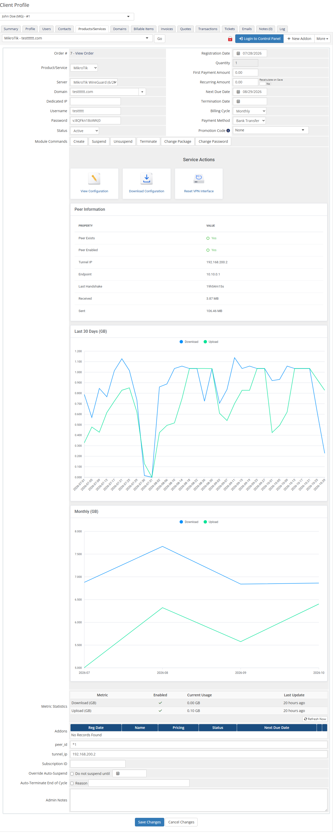 MikroTik WireGuard VPN For WHMCS: WHMCS admin service page with module actions, peer information and traffic charts