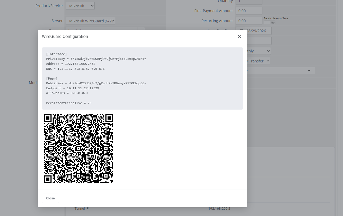 MikroTik WireGuard VPN For WHMCS: the WireGuard Configuration window in the admin area with the config text and QR code