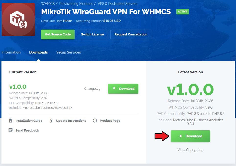 MikroTik WireGuard VPN For WHMCS: the module download page in the client area with the Download button