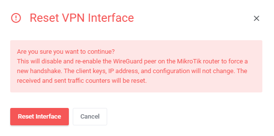 MikroTik WireGuard VPN For WHMCS: the Reset VPN Interface confirmation dialog with Reset Interface and Cancel buttons