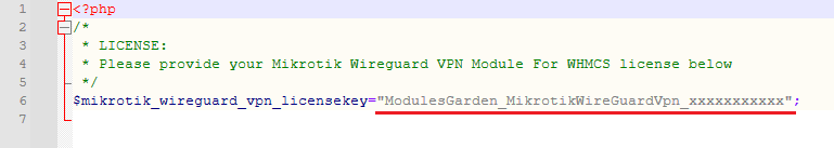 MikroTik WireGuard VPN For WHMCS: the license.php file with the license key entered in quotation marks