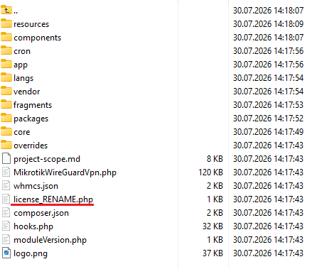 MikroTik WireGuard VPN For WHMCS: the module folder with the license_RENAME.php file underlined