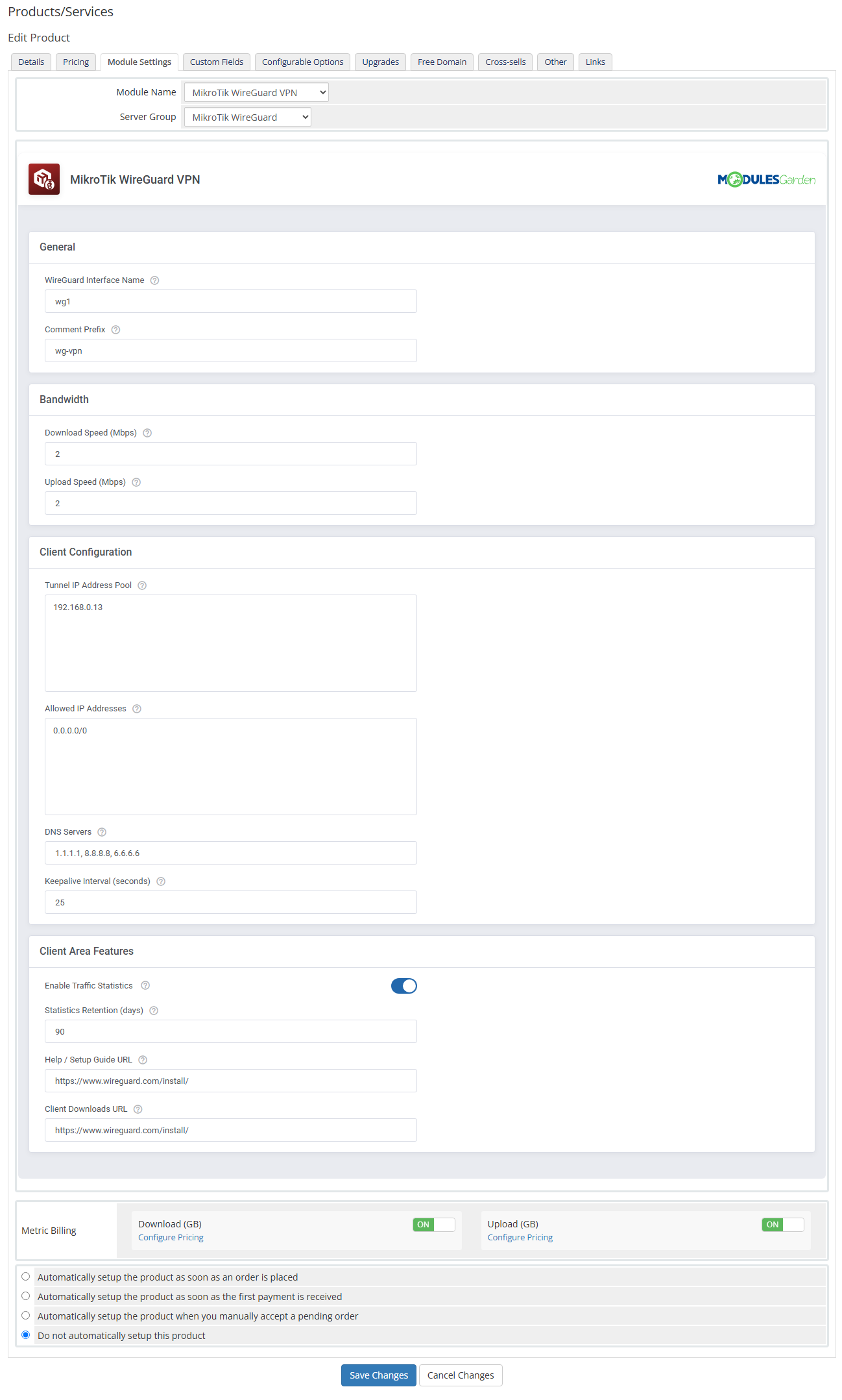 MikroTik WireGuard VPN For WHMCS: product Module Settings tab with VPN, bandwidth and metric billing options