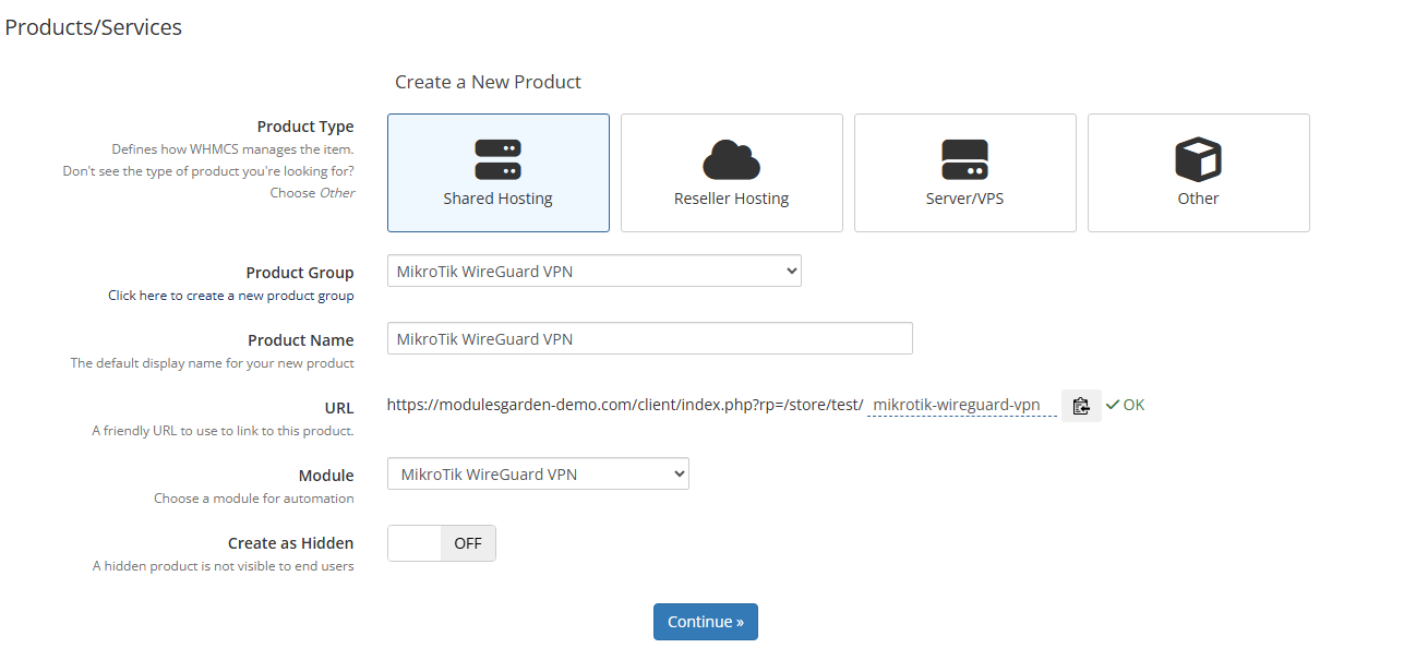 MikroTik WireGuard VPN For WHMCS: the WHMCS Create a New Product form with the MikroTik WireGuard VPN module selected