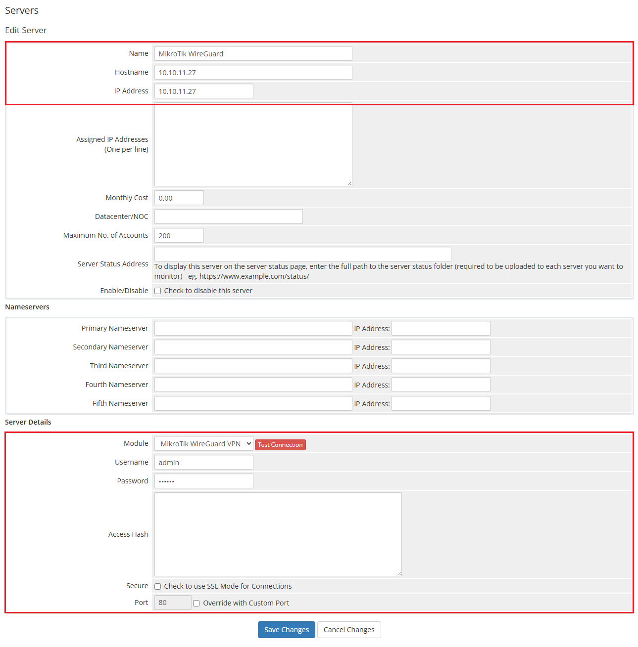 MikroTik WireGuard VPN For WHMCS: the WHMCS Edit Server form with name, hostname and module connection details