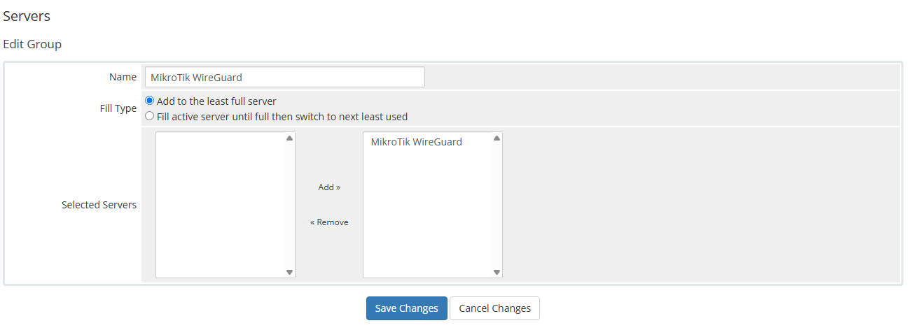 MikroTik WireGuard VPN For WHMCS: the WHMCS Edit Group form with the MikroTik server added to the selected servers
