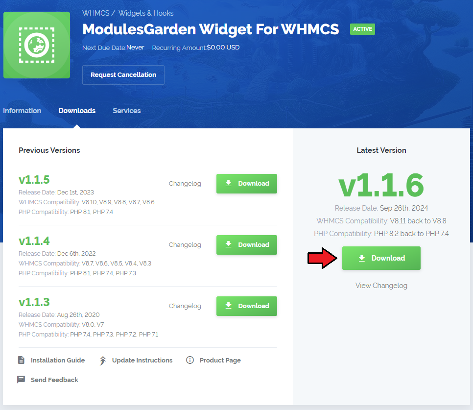 ModulesGarden Widget For WHMCS: the module download page in the client area with the Download button for the latest