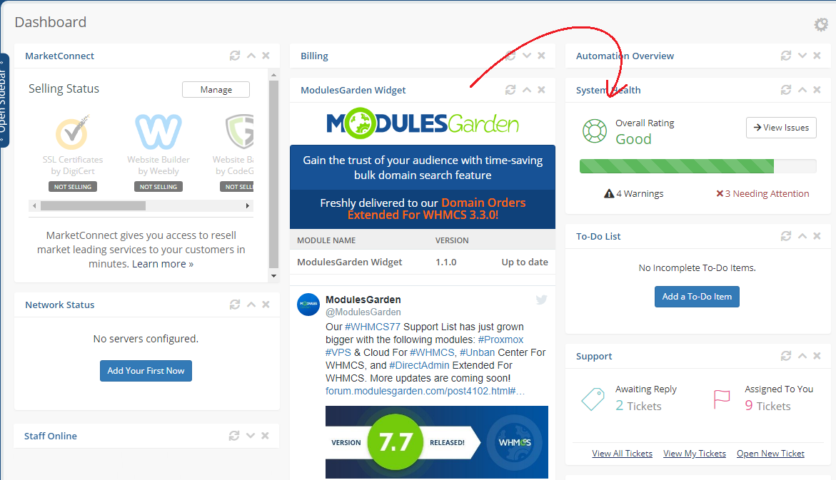 ModulesGarden Widget For WHMCS: the WHMCS dashboard with the widget and an arrow showing where to drag it