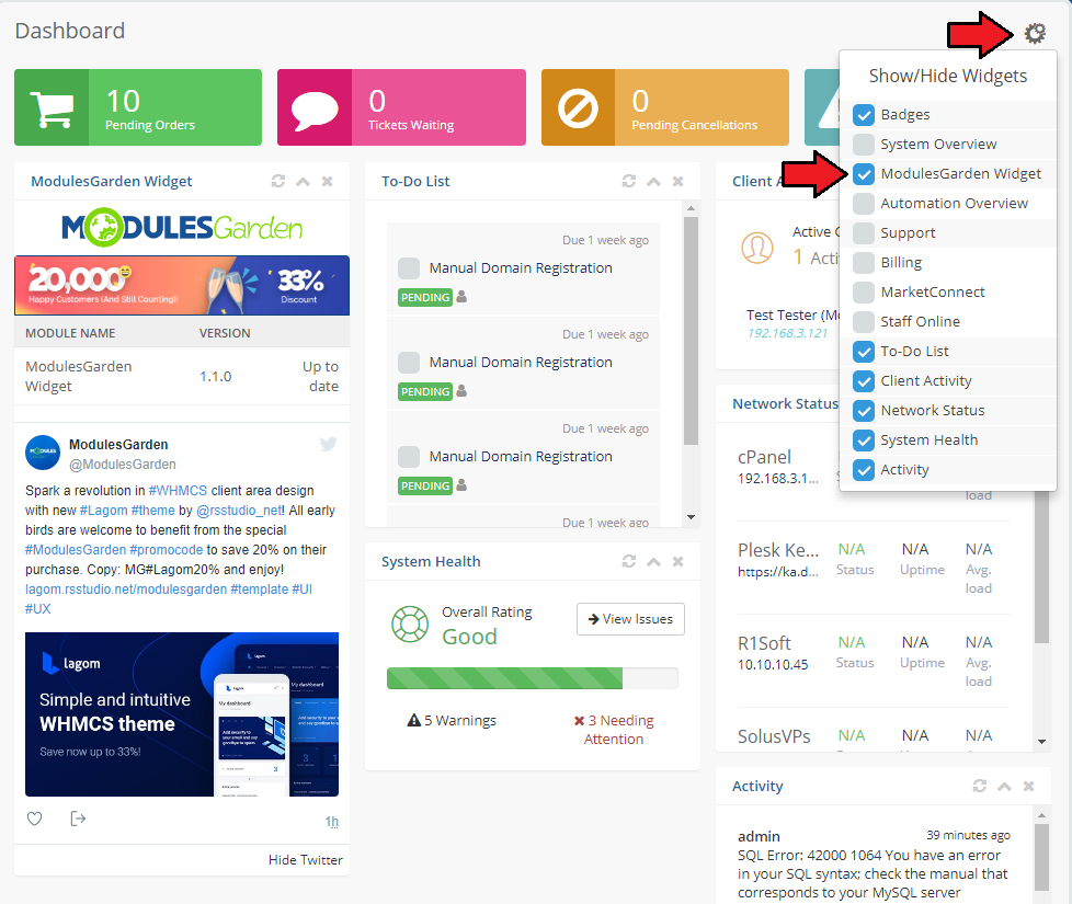 ModulesGarden Widget For WHMCS: the WHMCS dashboard Show/Hide Widgets menu with the widget option checked