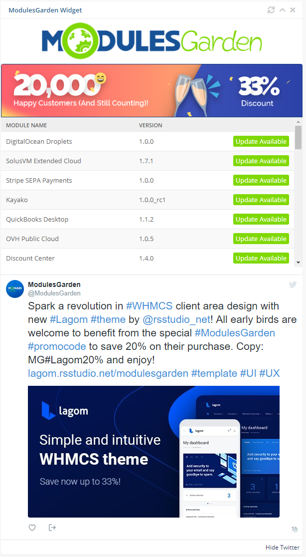ModulesGarden Widget For WHMCS: the widget on the WHMCS dashboard with the module version list and a news post