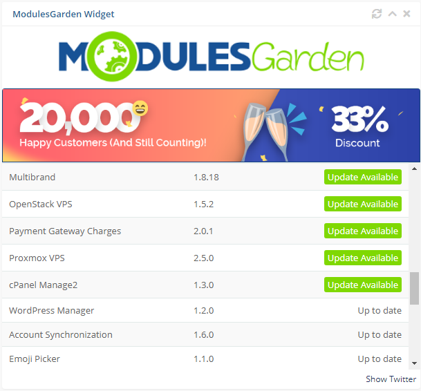 ModulesGarden Widget For WHMCS: the widget list of installed modules with Update Available and Up to date labels