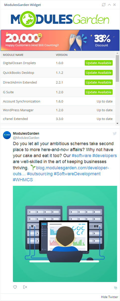 ModulesGarden Widget For WHMCS: the widget with module versions and a news post, with the Hide Twitter link