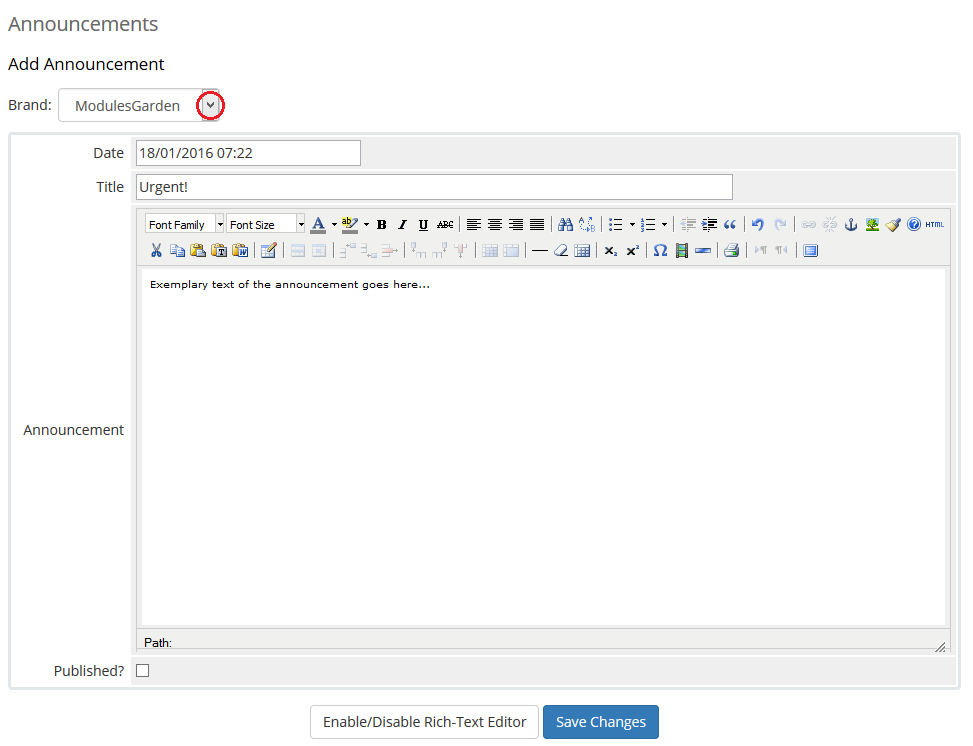 Multibrand 1.X For WHMCS: WHMCS Add Announcement form with the Brand drop-down list